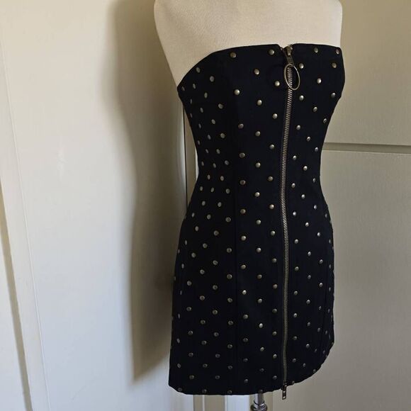 Vtg Betsey Johnson Womens Bodycon Dress Black Stretch Denim Studded Front Zip St - Picture 3 of 8